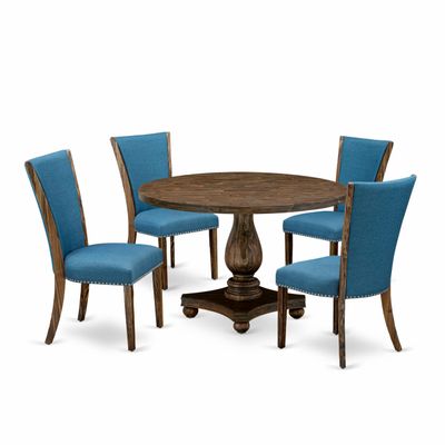 East West Furniture I2VE5-721 5 Piece Dinette Set for 4 Includes a Round Dining Table with Pedestal and 4 Blue Color Linen Fabric Parson Chairs, 48x48 Inch, Distressed Jacobean