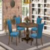 East West Furniture I2VE5-721 5 Piece Dinette Set for 4 Includes a Round Dining Table with Pedestal and 4 Blue Color Linen Fabric Parson Chairs, 48x48 Inch, Distressed Jacobean view 2