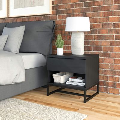 Boyd Sleep Catania One Drawer Nightstand with Open Storage Shelf: Modern Bedroom Storage Side Table, Black
