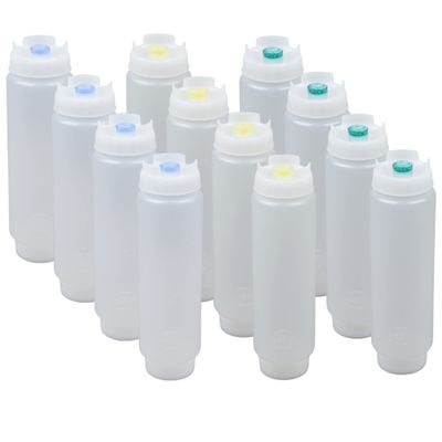 FIFO Squeeze Bottle Refillable 16 oz | 4 Green 4 Yellow 4 Blue Tip Small Valve Dispenser for Thin Condiments, Sauces, Batter and Dressing | Self Sealing No Drip No Hassle | Variety Pack (12 Pack)