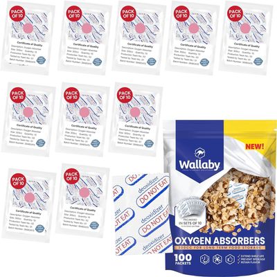 Wallaby 300cc Oxygen Absorbers - 100 Count (10x Packs of 10) with Indicator - for Long Term Food Storage, Mylar Bags, Canning, Harvest Right Freeze Dryer, Dehydrated, & Preserved Foods - FDA Food Safe