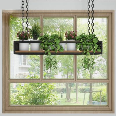 Ceiling Hanging Retro Wine Racks Family Storage Organizer - Wood and Black Metal Iron Flower Stand, Plant Railing Shelf, Kitchen Pot Pan Cookware Rack Decorations Display Shelves for Flower Shop