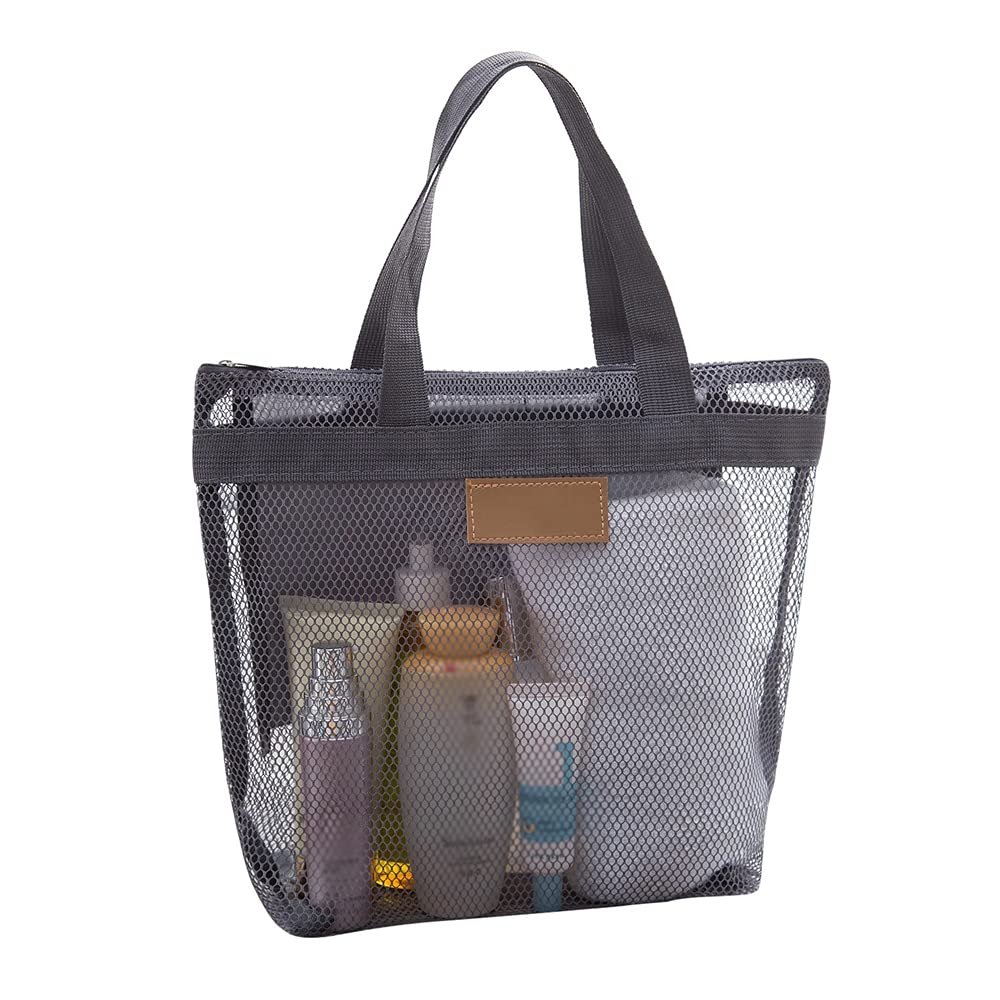 Pebipoo Mesh Shower Caddy, Quick Dry Portable Tote with Zipper and Inner Pocket, Beach Bag, Lightweight Bath Organizer for College Dorm, Swimming, Gym, Beach, Travel (Gray)