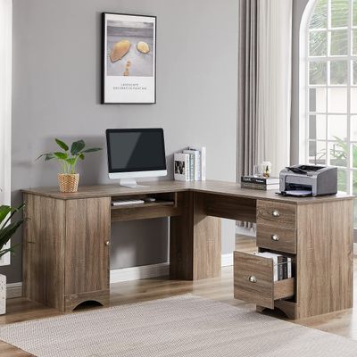 AOCHUANG L-Shaped Home Office Wood Corner Desk, Home Office Desk, Writing Table Workstation with Spacious Surface, Corner Computer Desk with Drawers and Storage Shelf, Easy Assembly