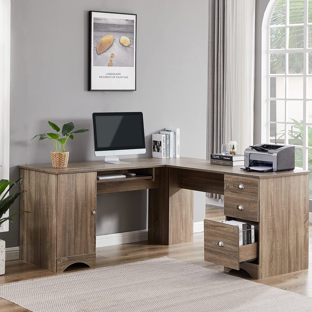 AOCHUANG L-Shaped Home Office Wood Corner Desk, Home Office Desk, Writing Table Workstation with Spacious Surface, Corner Computer Desk with Drawers and Storage Shelf, Easy Assembly