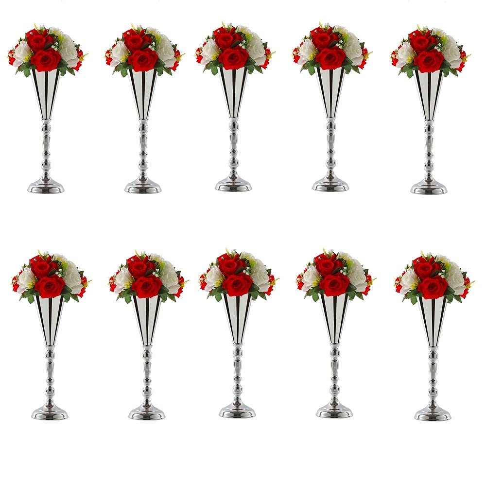 10pcs Tabletop Metal Wedding Flower Trumpet Vase Wedding Centerpiece Flower Vase for Wedding Event Decoration Living Decor Party Decor (Silver, 10L)