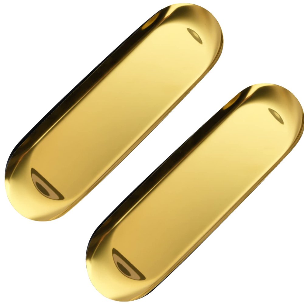 2 Pack Long Narrow Gold Rolling Metal Decorative Tray, 12 Inch Stainless Steel Golden Serving Tray, Oval Brass Vanity Tray Table Dcor Platter for Jewelry, Towel, Bathroom, Desktop, Exxacttorch