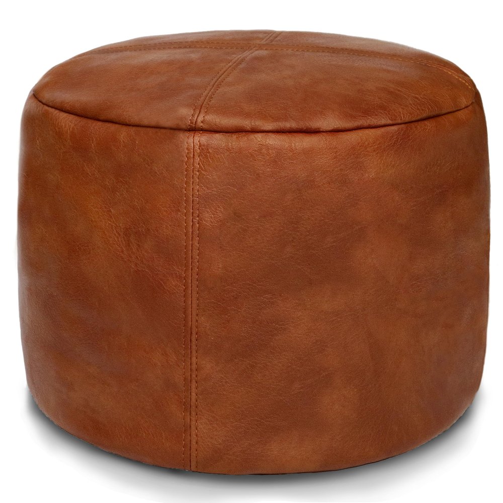 Thgonwid Unstuffed Faux Leather Pouf Cover, Handmade Footstool Ottoman Storage Solution, Floor Footrest Cushion, 16.5Dx12H, Amaretto