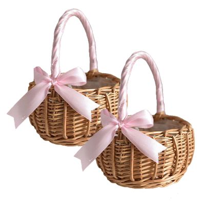 ASSR 2PCS Wedding Flower Girl Basket Set,Wicker Rattan Flower Basket with Handle,Petal Basket Candy Storage Basket ,Rattan Box Home Decoration, Pink, 5.9x7.5 in (210209HT07-32#ADM05)