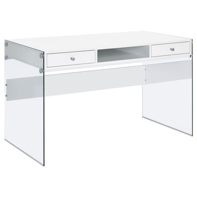Allora Contemporary Wood/Glass Writing Desk, Glossy White Finish, 48" W x 23.5" D x 29.5" H, 2-Drawer Silver Hardware, Tempered Glass Panels, Open Storage Compartment, Modern Study Desk for Bedroom