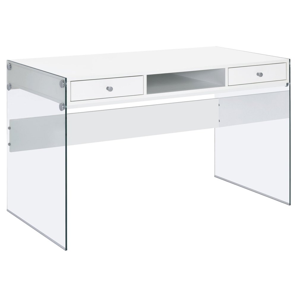 Allora Contemporary Wood/Glass Writing Desk, Glossy White Finish, 48" W x 23.5" D x 29.5" H, 2-Drawer Silver Hardware, Tempered Glass Panels, Open Storage Compartment, Modern Study Desk for Bedroom
