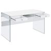 Allora Contemporary Wood/Glass Writing Desk, Glossy White Finish, 48" W x 23.5" D x 29.5" H, 2-Drawer Silver Hardware, Tempered Glass Panels, Open Storage Compartment, Modern Study Desk for Bedroom view 3