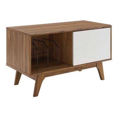 Allora Modern Wood Record Display Stand, 36.5" Walnut and White Finish, Sliding Door, Flared Legs, Durable Particleboard, Vinyl Record Storage Console for Living Room Decor