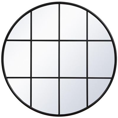 Allora 42" Round Mid Century Metal Windowpane Frame Clear Mirror in Black