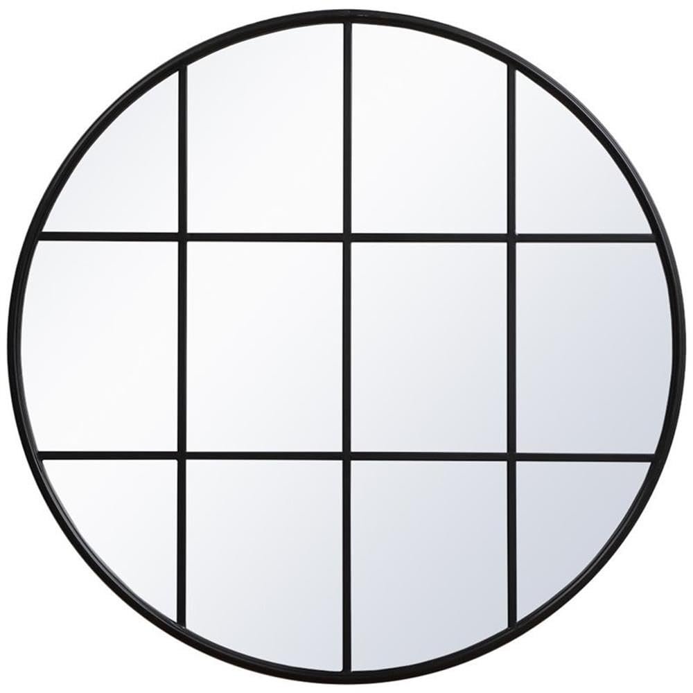 Allora 42" Round Mid Century Metal Windowpane Frame Clear Mirror in Black