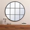Allora 42" Round Mid Century Metal Windowpane Frame Clear Mirror in Black view 2