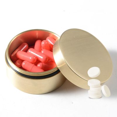 Alvinlite Portable Daily Pill Case, Brass Round Small Pill Box, Waterproof Metal Jewelry Pill Organizer Medicine Vitamin Holder Container with Lid for Outdoor Travel Working(S)