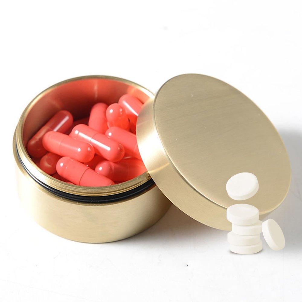 Alvinlite Portable Daily Pill Case, Brass Round Small Pill Box, Waterproof Metal Jewelry Pill Organizer Medicine Vitamin Holder Container with Lid for Outdoor Travel Working(S)