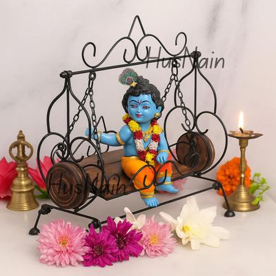 ART AND CRAFT INDIA Wooden & Wrought Iron Jhulla for Lord Krishna | Jhulla for God Ideal | Jhulla for Goddess | Wooden Radha Krishna Ji Wrought Iron Frame God Jhula or Swing for Mandir and Home Temple