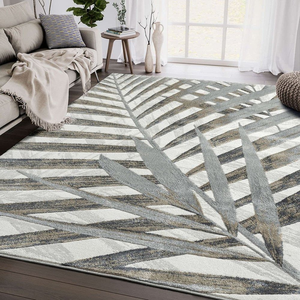 Abani 5'3" x 7'6" (5x8) Grey & Brown Modern Floral Living Room Rug - Non-Shed Tropical Palm Leaves Pattern Area Rug Rugs