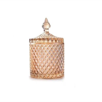 300m/10OZ Candy Dishes with Lids Glass Candy Jar Diamond Cookie Tin Jar Crystal Sugar Cube Bowl Tray Food Containers Candy Buffet Decorative Jars for Wedding Party Display Apothecary Pot (Amber)