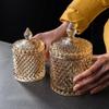 300m/10OZ Candy Dishes with Lids Glass Candy Jar Diamond Cookie Tin Jar Crystal Sugar Cube Bowl Tray Food Containers Candy Buffet Decorative Jars for Wedding Party Display Apothecary Pot (Amber) view 3