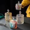 300m/10OZ Candy Dishes with Lids Glass Candy Jar Diamond Cookie Tin Jar Crystal Sugar Cube Bowl Tray Food Containers Candy Buffet Decorative Jars for Wedding Party Display Apothecary Pot (Amber) view 4