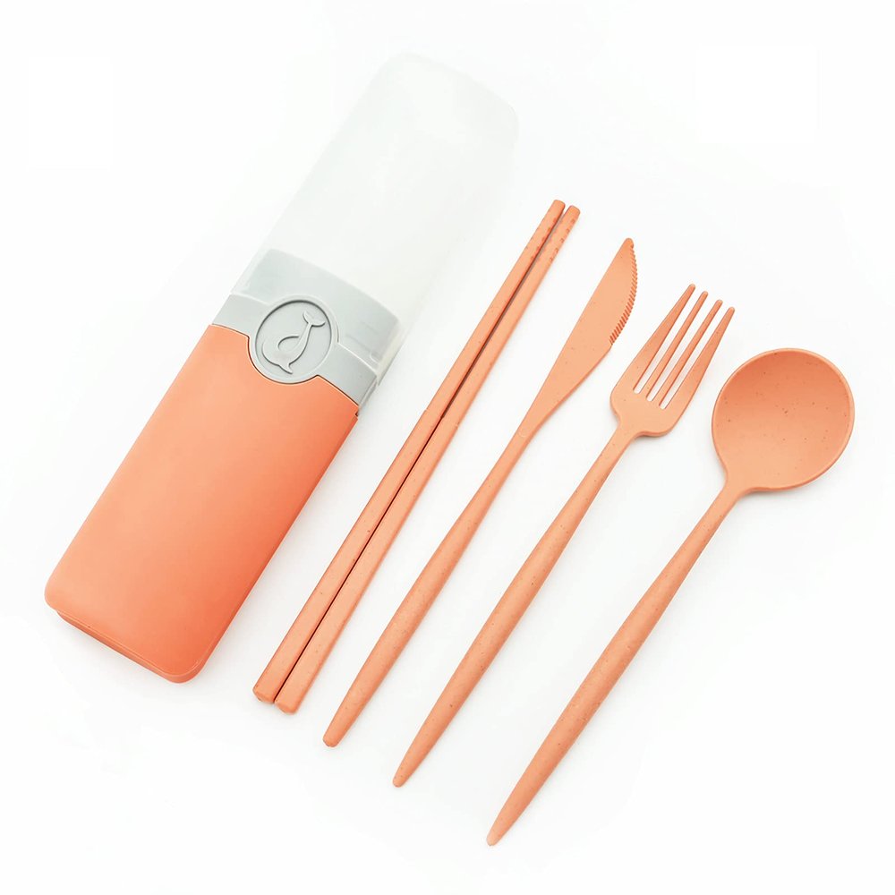 Snplowum Travel Utensil Set with Case, 2 Sets Orange Wheat Straw Reusable Spoon Chopstick Forks Tableware, Eco Friendly Portable Cutlery for Travel Picnic Camping or Daily Use