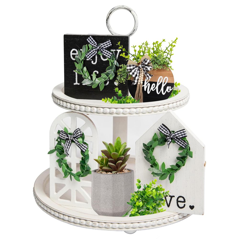 GENMOUS & CO. 2 Tiered Beaded Tiered Tray, Wooden Farmhouse Decoration for St Patrick's Day, with 3pcs Signs and 1pc Wood Bead Garland for Country Rustic Home Coffee Table Decor