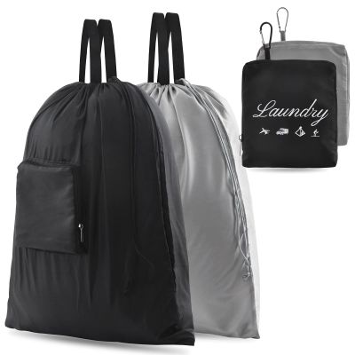 2 Pcs JHX Travel Laundry Bags, Dirty Clothes OrganizerUpgradedwith Handles and Aluminum Carabiner for Travel, Camp, Fitness, and Students (Black&Grey) 24"L x 21"W