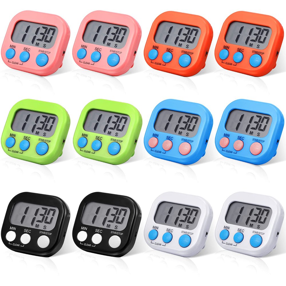 Digital Kitchen Timer Magnetic Countdown Timer Kitchen Loud Alarm Stopwatch Large Digits Timer for Cooking Baking Sports Games Office Classroom (Black, Orange, Pink, Green, Blue, White, 12)