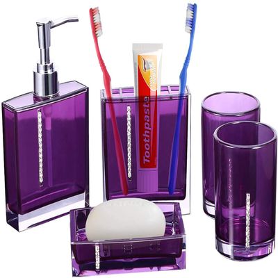 Bathroom Accessory Set, 5 Pcs Acrylic Gift Kit with Emulsion Bottle Tooth Brush Holder Dish Gargle Cup for Home Hotel Bathroom Travel