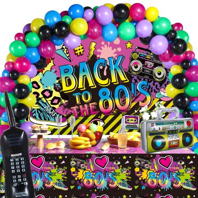 Irenare 100 Pcs 80s Party Decorations Includes Back to 80's Backdrop and Tablecloth Inflatable Radio Boombox and Mobile Phone Balloons for Hip Hop Birthday Party(80s Style)