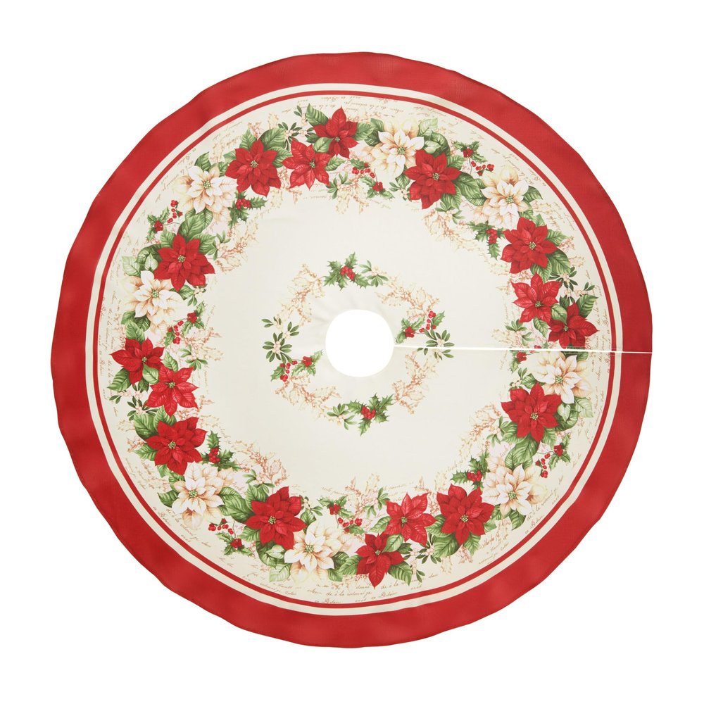 Elrene Home Fashions Red and White Poinsettias Round Tree Skirt, Christmas Decor, 48 Inches