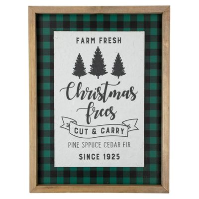 16" Buffalo Plaid Wooden Framed Farm Fresh Christmas Trees Wall Decor