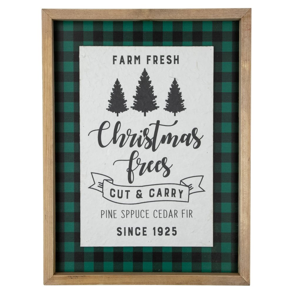 16" Buffalo Plaid Wooden Framed Farm Fresh Christmas Trees Wall Decor