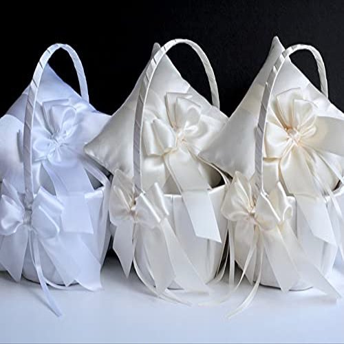 Flower Girl Basket and Ring Bearer Pillow Set in Top 3 Colors - White, Off-White and Ivory, Flower Girl Baskets and Ring Bearer Pillows Sets (Off White, 1 Pillow + 1 Basket)