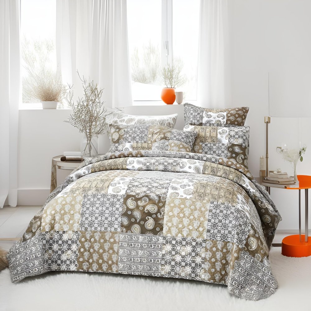 DaDalogy Bedding 11-Pieces Bohemian Bed in a Bag Set - Paisley Dreams Floral Brown Green Cotton Patchwork Bedspread - Fitted Sheet w/Pillow Throw Euro Sham Covers & Window Curtain Valance - King Size