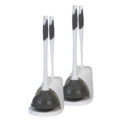 Clorox Toilet Plunger and Bowl Brush Combo Set with Caddy, 6.75" x 7" x 19.5", White/Gray, Pack of 2 - Plunger and Toilet Bowl Brush, Heavy Duty Plunger, Toilet Cleaning Brush, Freestanding Caddy