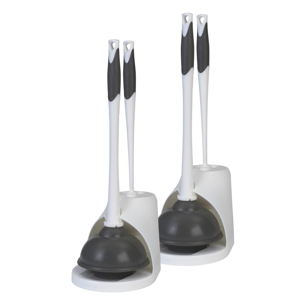 Clorox Toilet Plunger and Bowl Brush Combo Set with Caddy, 6.75" x 7" x 19.5", White/Gray, Pack of 2 - Plunger and Toilet Bowl Brush, Heavy Duty Plunger, Toilet Cleaning Brush, Freestanding Caddy