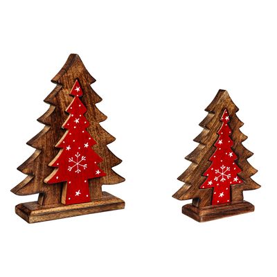 Cypress Home Wood Tree Table Decor with Snowflake Design Removeable Center, Set of 2