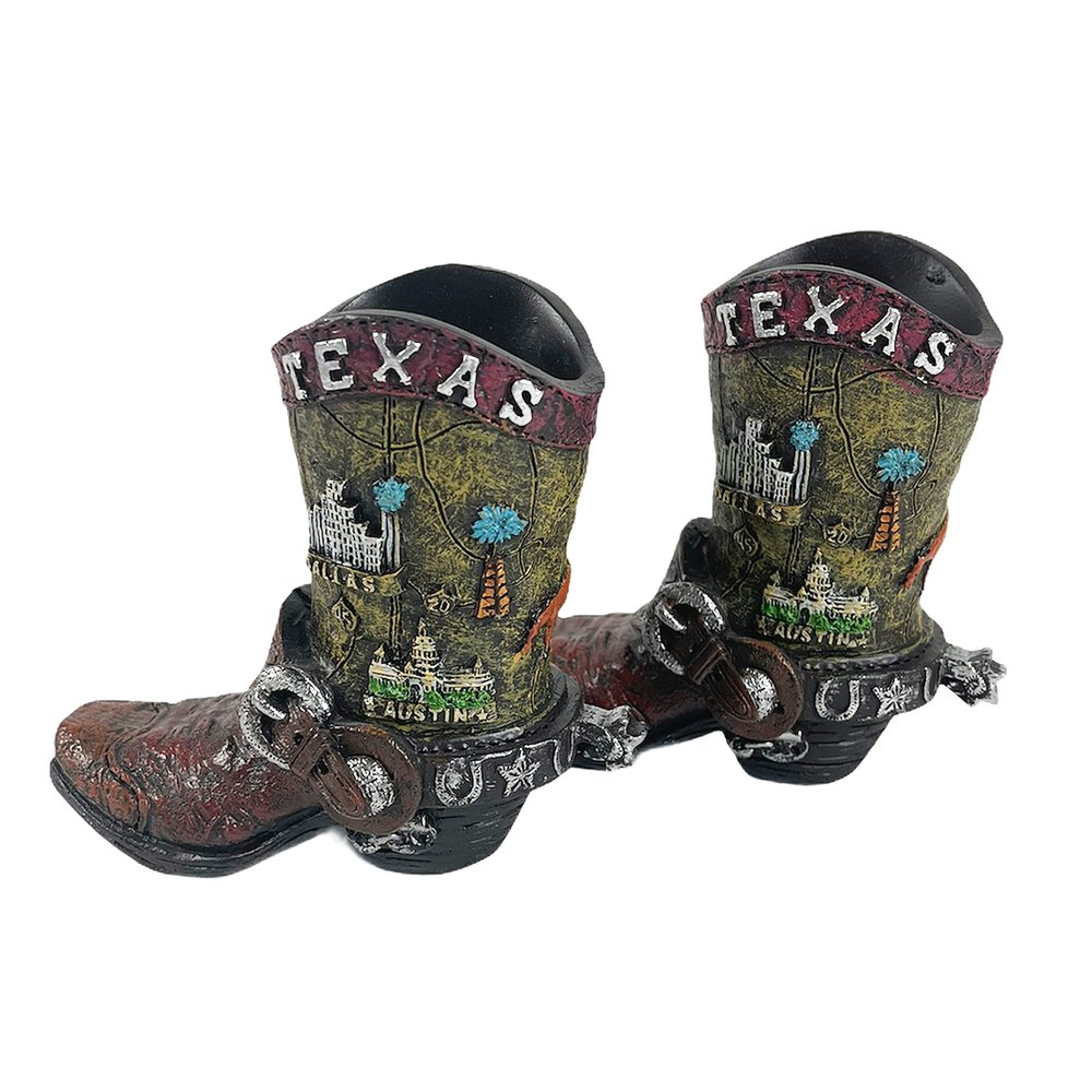Urbalabs Western Cowboy Boot Texas Flag Toothpick Holder Vase Distressed Decorative Cowboy Boots with Spurs Home Office Rustic Decor Country Living Pen Holder for Desk (Great State 2 Pack)