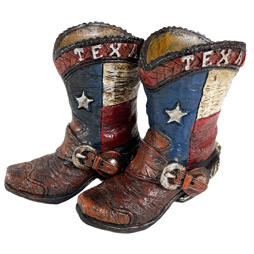 Urbalabs Western Cowboy Boot Texas Flag Toothpick Holder Vase Distressed Decorative Cowboy Boots with Spurs Home Office Rustic Decor Country Living Pen Holder for Desk (Texas Double)