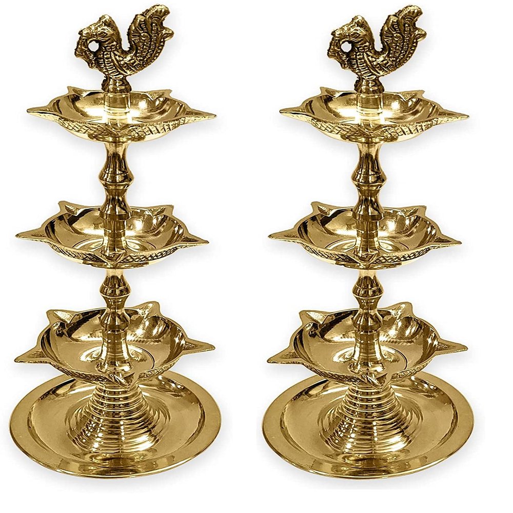 SATVIK 2 Pc Standing Brass Kerala Samai Diwali Deepak for Puja Traditional Panchmahal Pooja Deepam Diya Oil Lamp Kutthu Vilakku Dia 3 in 1 Step Adjustable 8.5 inch Deepawali Indian Gift Item