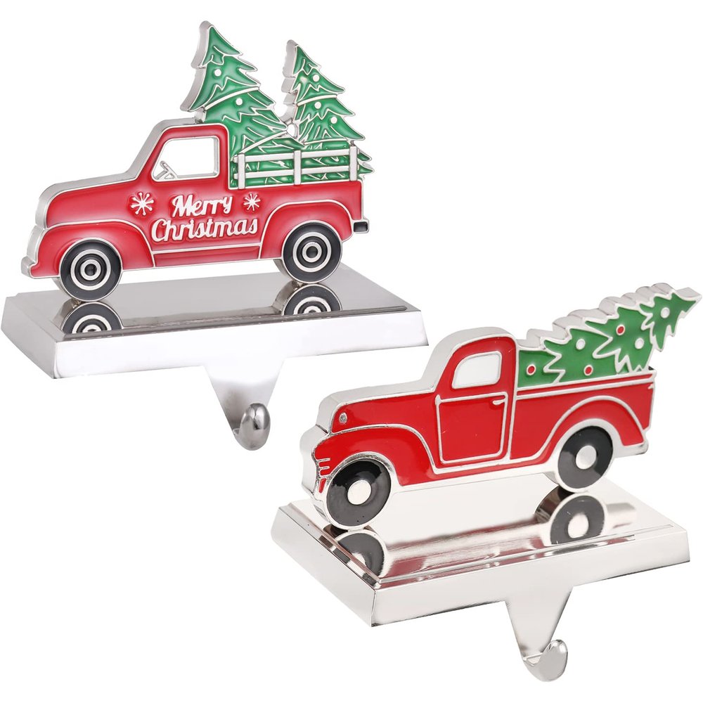 2 Pack Truck Metal Christmas Stocking Holders for Mantle Heavy Duty Stocking Hangers Stocking Hook Christmas Ornaments for Counter Tables Window Fireplace Mantle Decoration (N-Truck, 2)