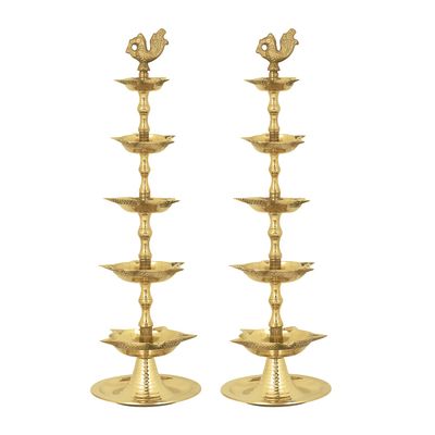 SATVIK 2 Pc Standing Brass Kerala Samai Diwali Deepak for Puja Traditional Panchmahal Pooja Deepam Diya Oil Lamp Kutthu Vilakku Dia 5 in 1 Step Adjustable 11 inch Deepawali Indian Gift Items