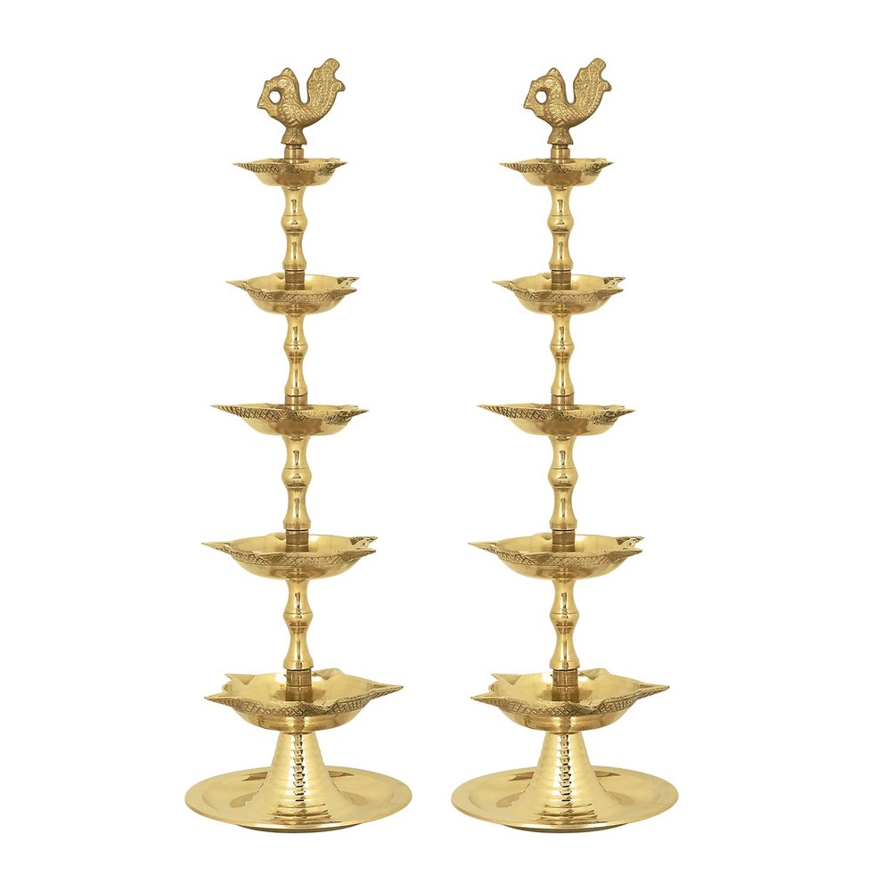 SATVIK 2 Pc Standing Brass Kerala Samai Diwali Deepak for Puja Traditional Panchmahal Pooja Deepam Diya Oil Lamp Kutthu Vilakku Dia 5 in 1 Step Adjustable 11 inch Deepawali Indian Gift Items