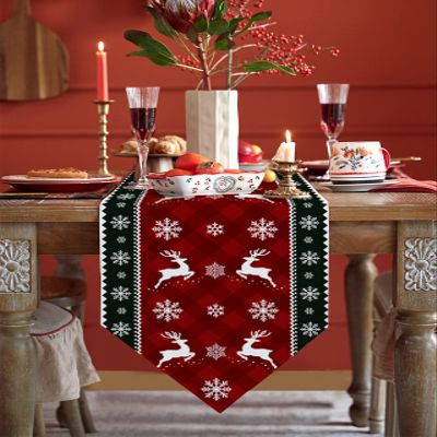 Z&L Home Table Runner Cotton Linen Dresser Scarves,Farm Red Lattice Table Runners for Christmas Eve Family Dinner/Holiday Party/Events/Kitchen Decor Snowflakes with Reindeer Silhouettes 13x120in