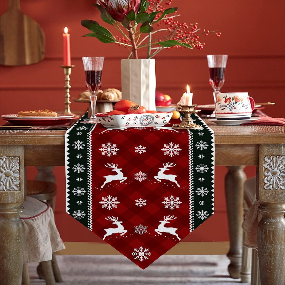 Z&L Home Table Runner Cotton Linen Dresser Scarves,Farm Red Lattice Table Runners for Christmas Eve Family Dinner/Holiday Party/Events/Kitchen Decor Snowflakes with Reindeer Silhouettes 13x120in