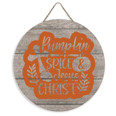 12" Round Wooden Sign for Front Door Decor Pumpkin Spice And Jesus Christ Autumn Porch Sign Halloween Thanksgiving Door Hanger for Farmhouse Living Room Bedroom Dining Room Fall Decor for Home